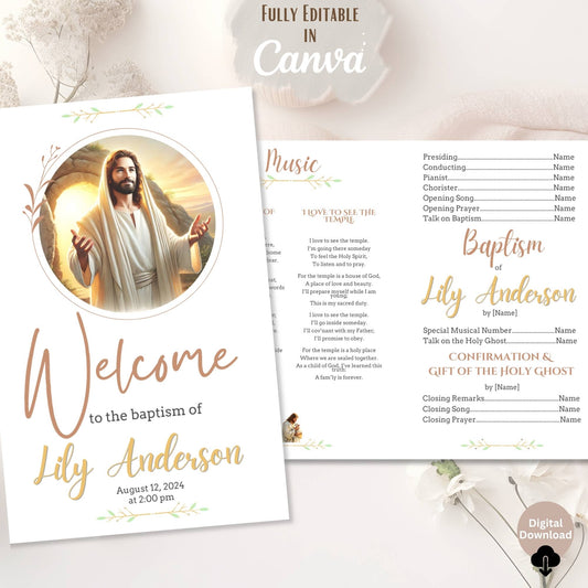 LDS Baptism Program Template – Neutral Brown Canva Design for Boy or Girl | Printable Foldable Church Program – Faith - Based Printable by Digital Kim Designs