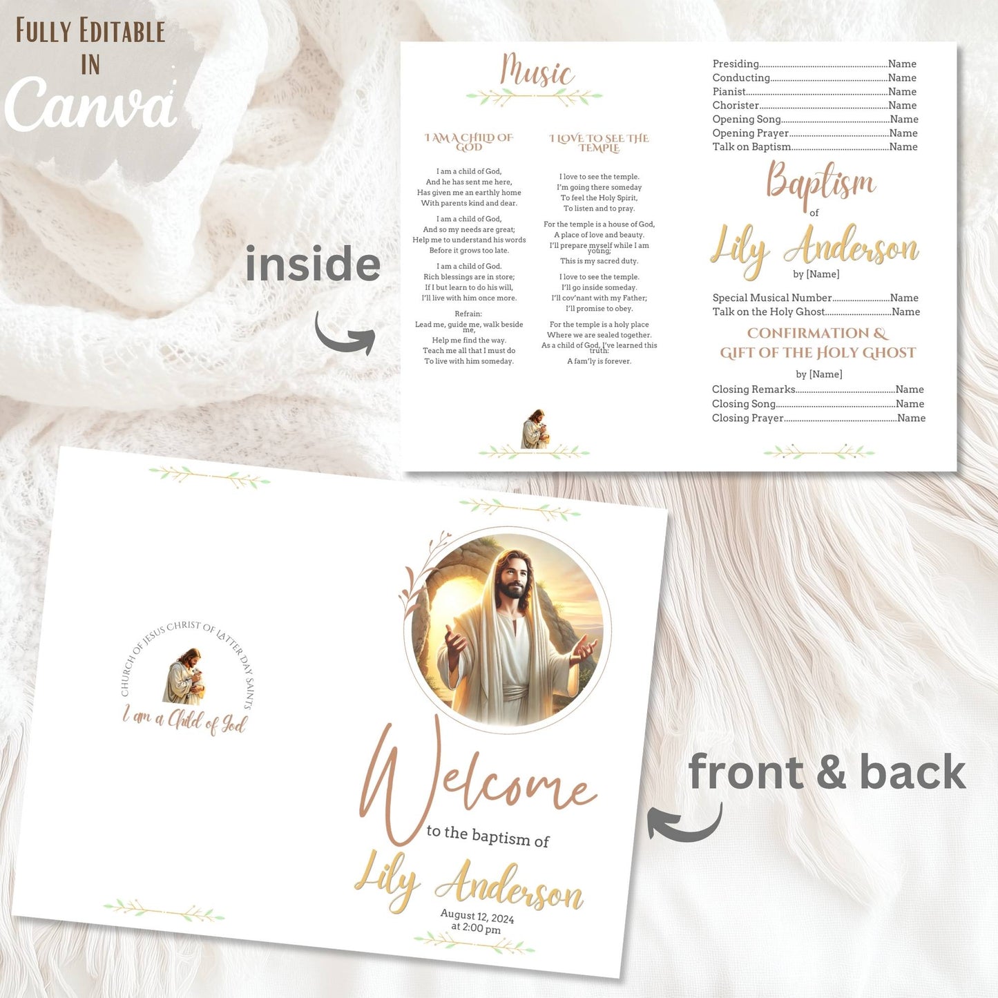 LDS Baptism Program Template – Neutral Brown Canva Design for Boy or Girl | Printable Foldable Church Program – Faith - Based Printable by Digital Kim Designs