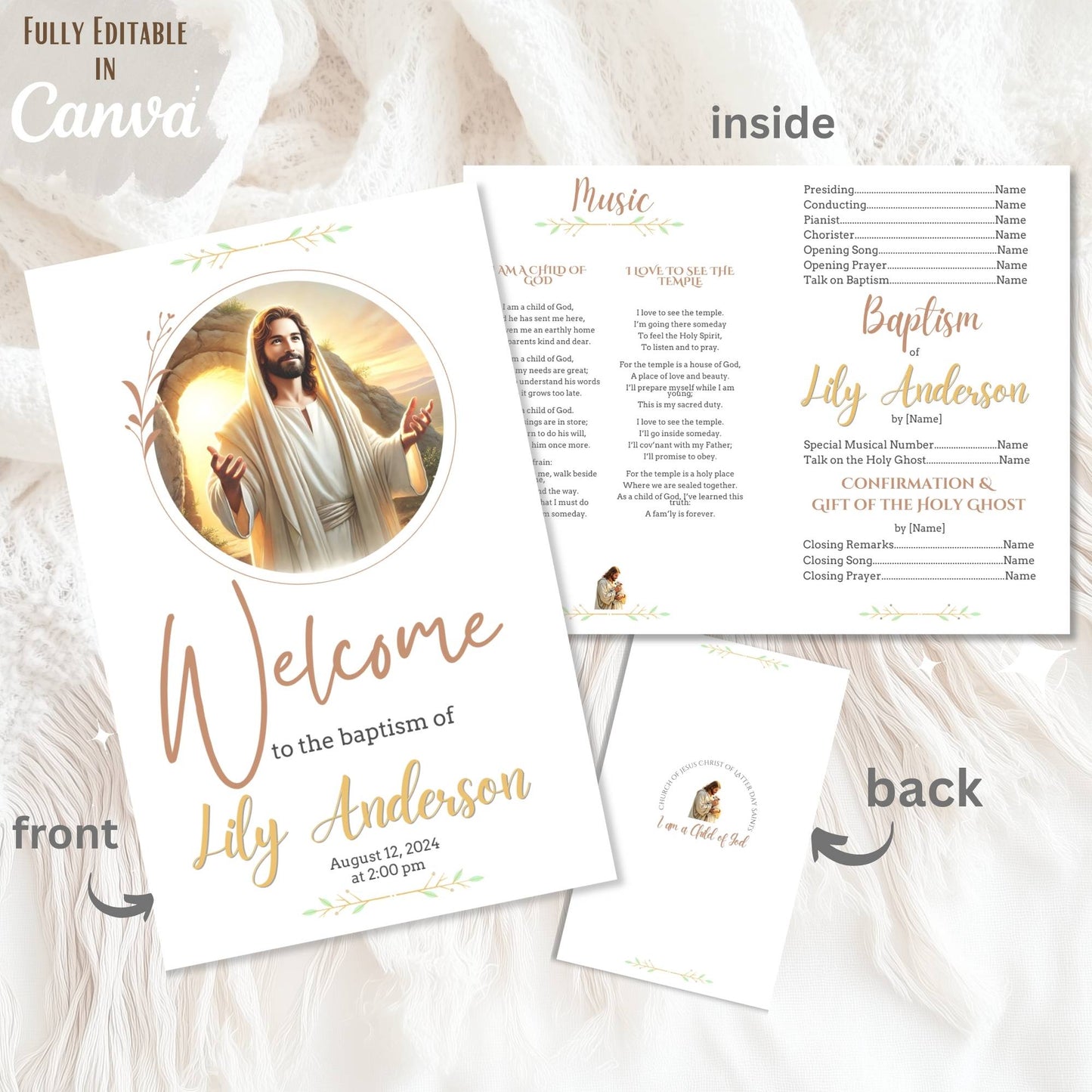 LDS Baptism Program Template – Neutral Brown Canva Design for Boy or Girl | Printable Foldable Church Program – Faith - Based Printable by Digital Kim Designs