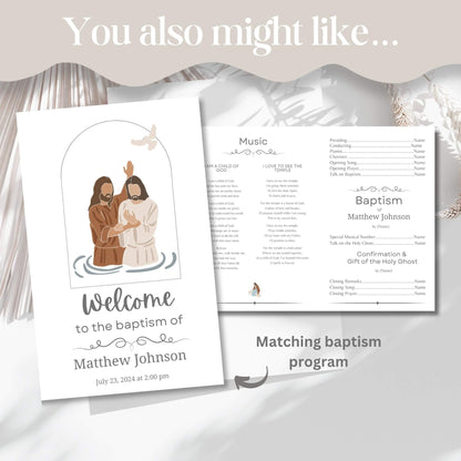 Matching LDS baptism program – editable Canva template with Jesus artwork