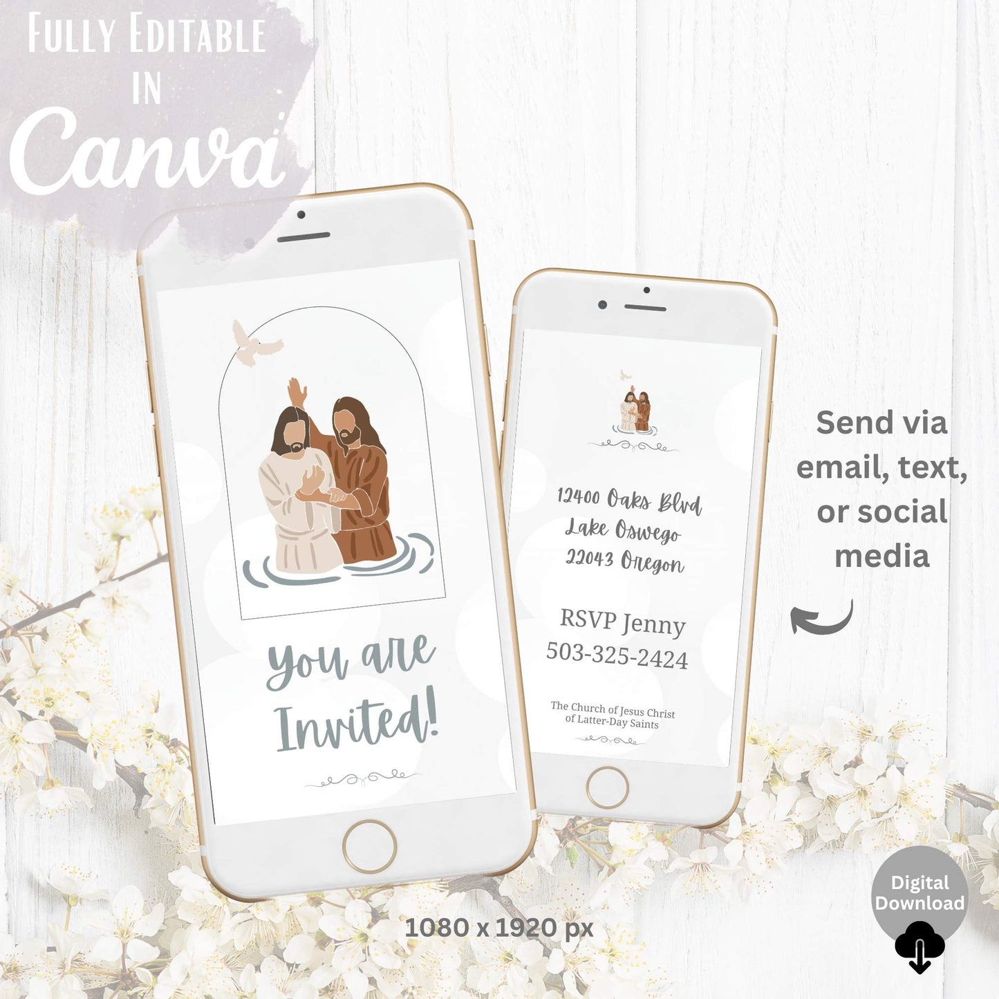 Editable Canva baptism invite – Jesus design and animated video preview on phone