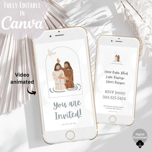 Animated LDS baptism video invitation – editable Canva template with Jesus illustration