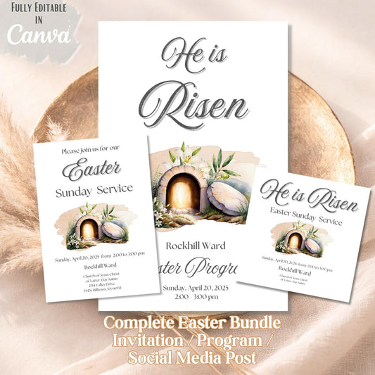 LDS Easter Church Bundle | He Is Risen Invitation, Program & Social Media Post – Digital Printable by Digital Kim Designs