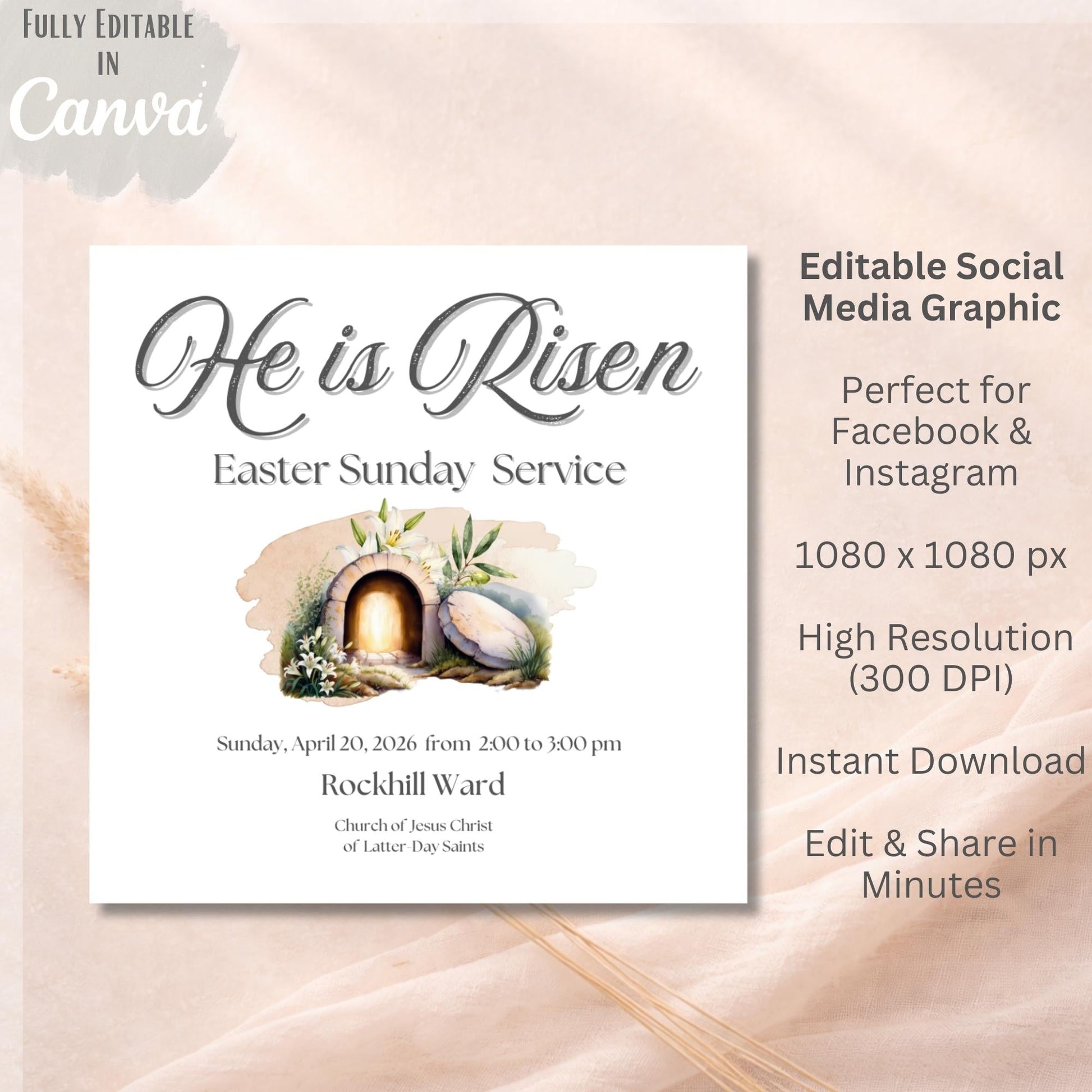 LDS Easter Church Bundle | He Is Risen Invitation, Program & Social Media Post – Digital Printable by Digital Kim Designs