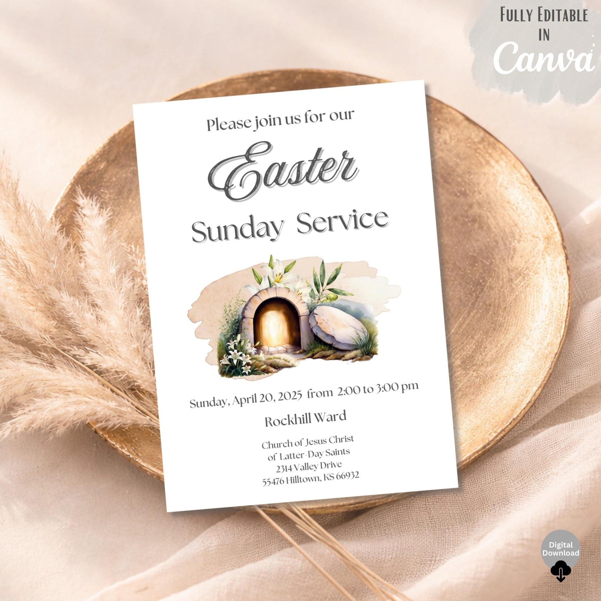 LDS Easter Invitation Template – He Is Risen Church Service Invite | Editable Canva 5x7 – Digital Printable by Digital Kim Designs