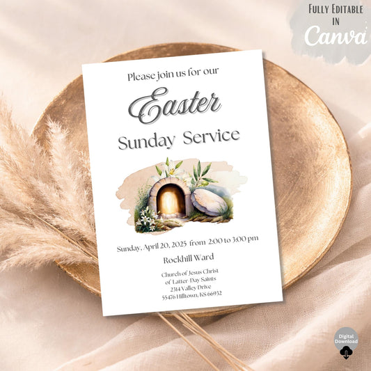LDS Easter Invitation Template – He Is Risen Church Service Invite | Editable Canva 5x7 – Digital Printable by Digital Kim Designs