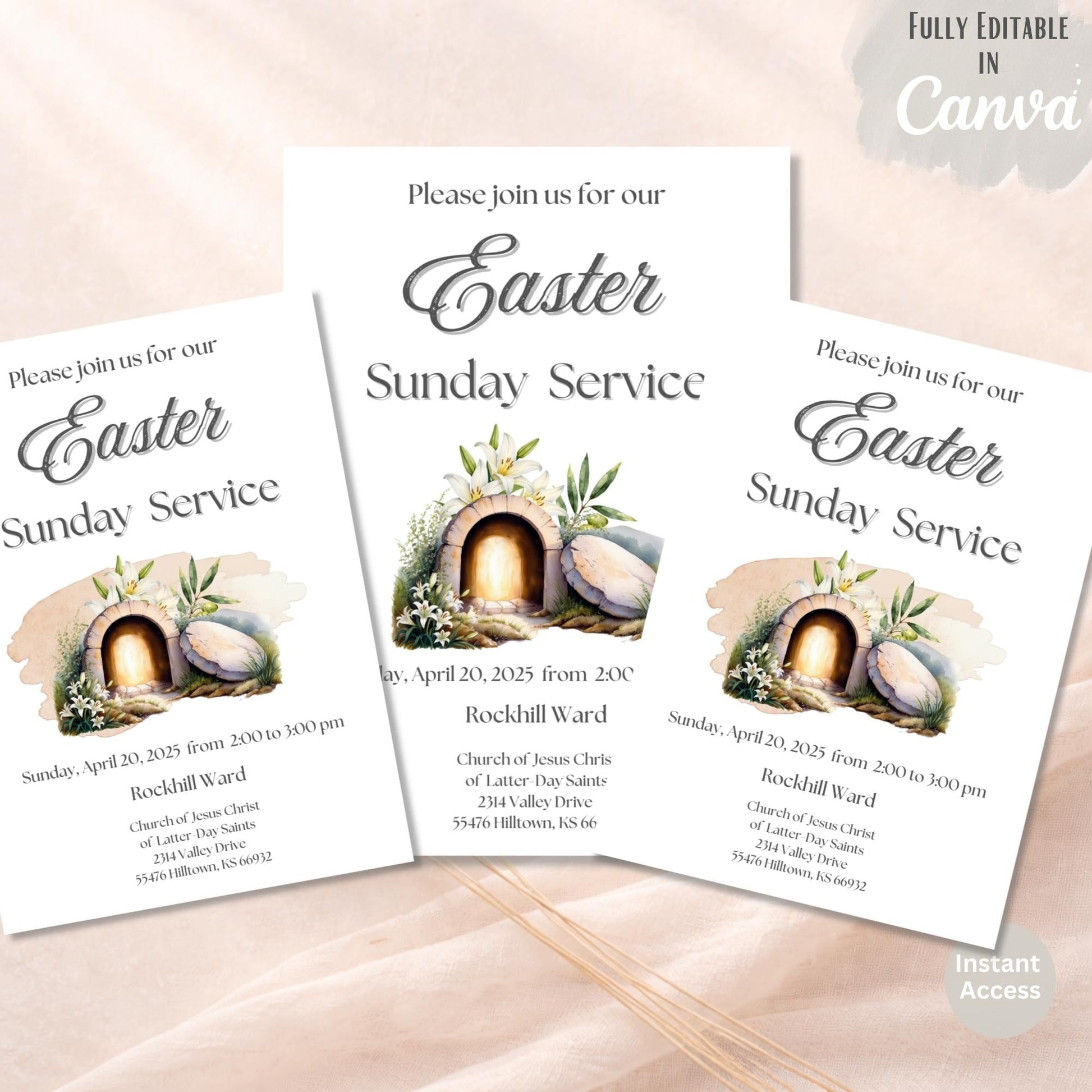 LDS Easter Invitation Template – He Is Risen Church Service Invite | Editable Canva 5x7 – Digital Printable by Digital Kim Designs