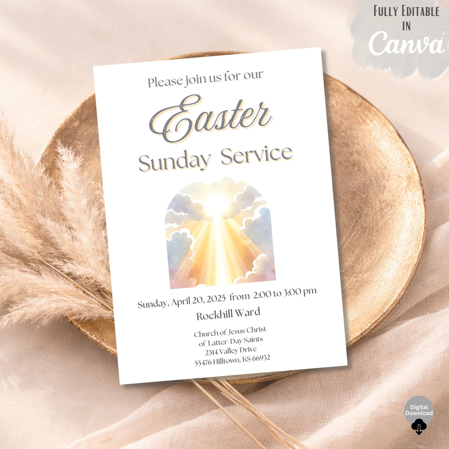 LDS Easter Invitation Template – He Is Risen Church Service Invite | Editable Canva 5x7 Printable – Digital Printable by Digital Kim Designs