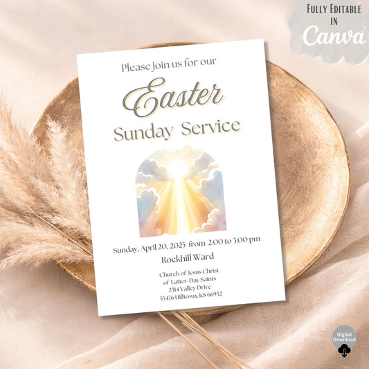 LDS Easter Invitation Template – He Is Risen Church Service Invite | Editable Canva 5x7 Printable – Digital Printable by Digital Kim Designs