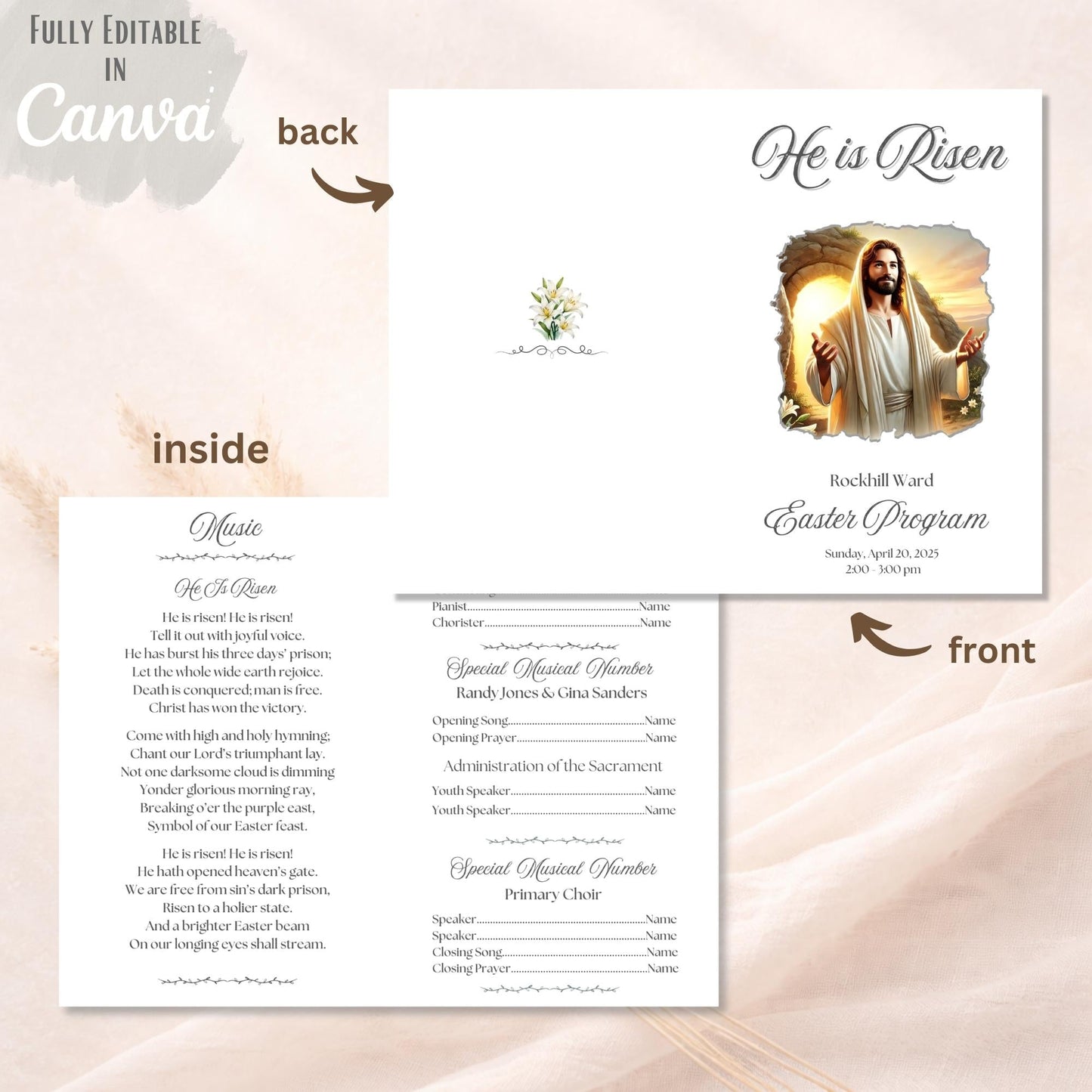 LDS Easter Sacrament Program Template – He Is Risen | Editable Canva Church Bulletin – Digital Printable by Digital Kim Designs