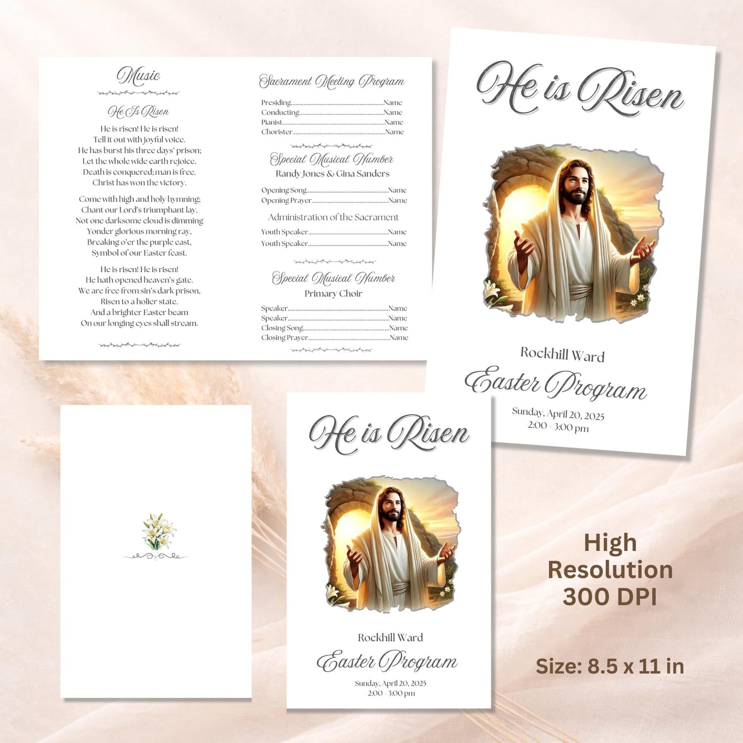 LDS Easter Sacrament Program Template – He Is Risen | Editable Canva Church Bulletin – Digital Printable by Digital Kim Designs
