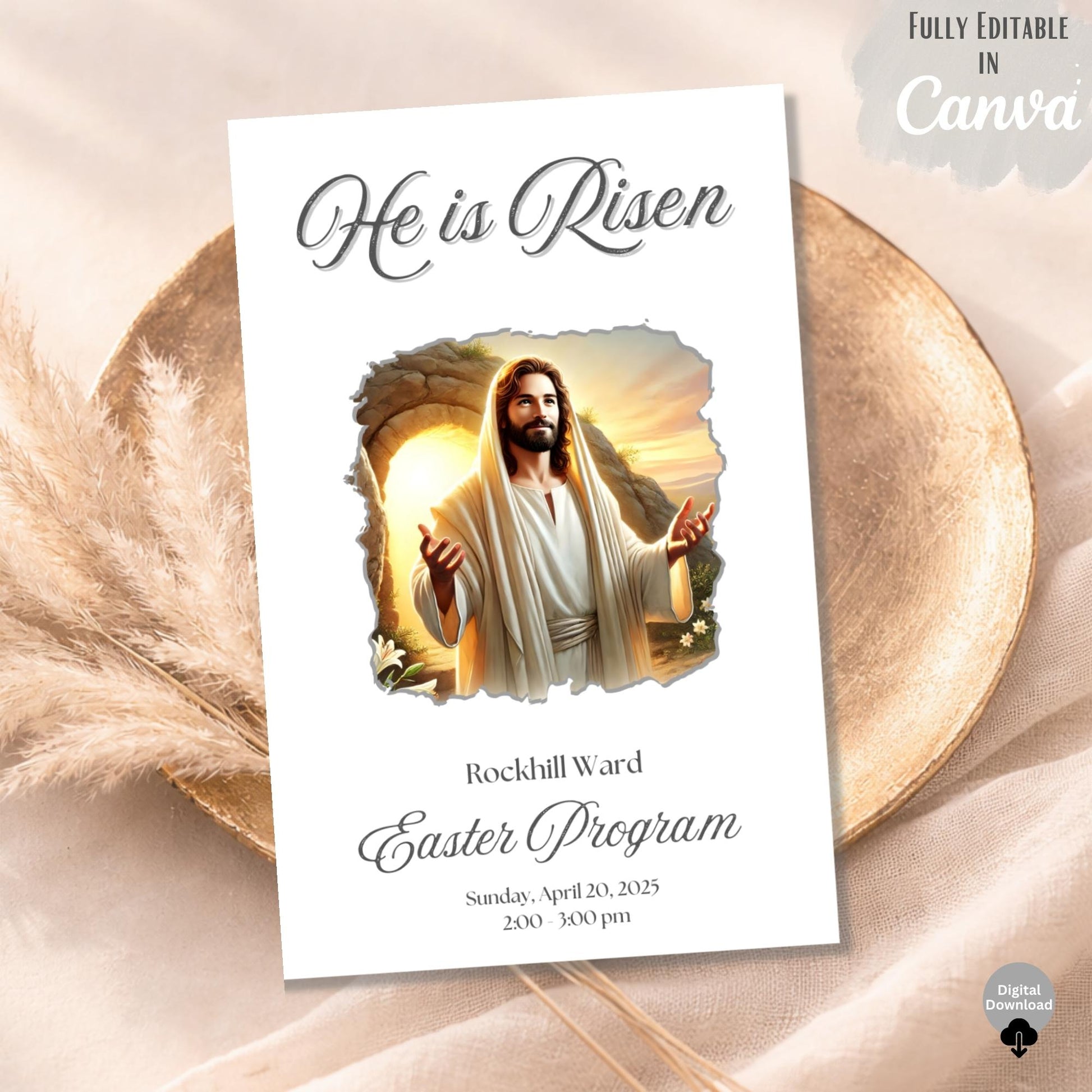 LDS Easter Sacrament Program Template – He Is Risen | Editable Canva Church Bulletin – Digital Printable by Digital Kim Designs
