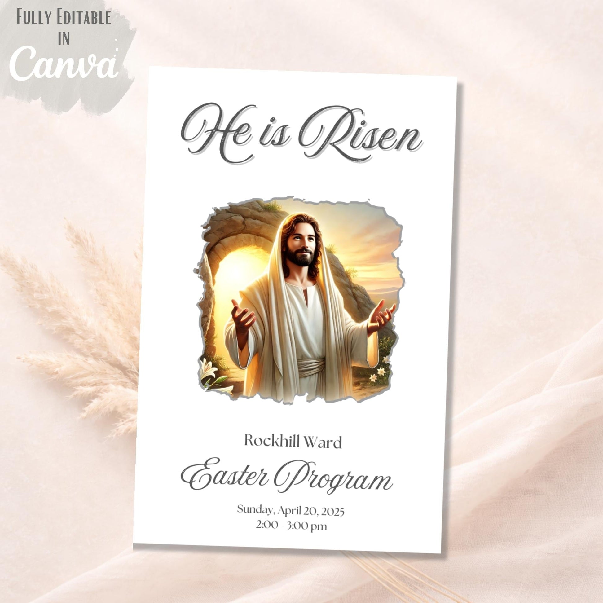 LDS Easter Sacrament Program Template – He Is Risen | Editable Canva Church Bulletin – Digital Printable by Digital Kim Designs
