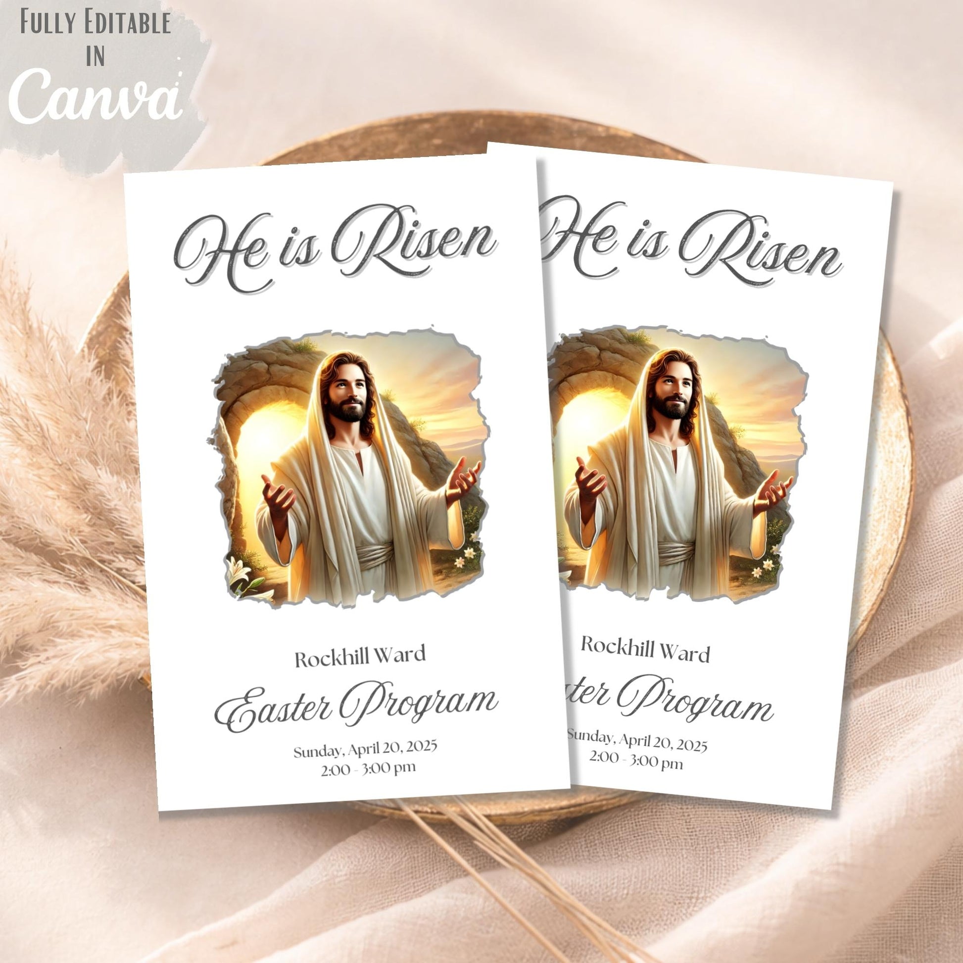 LDS Easter Sacrament Program Template – He Is Risen | Editable Canva Church Bulletin – Digital Printable by Digital Kim Designs