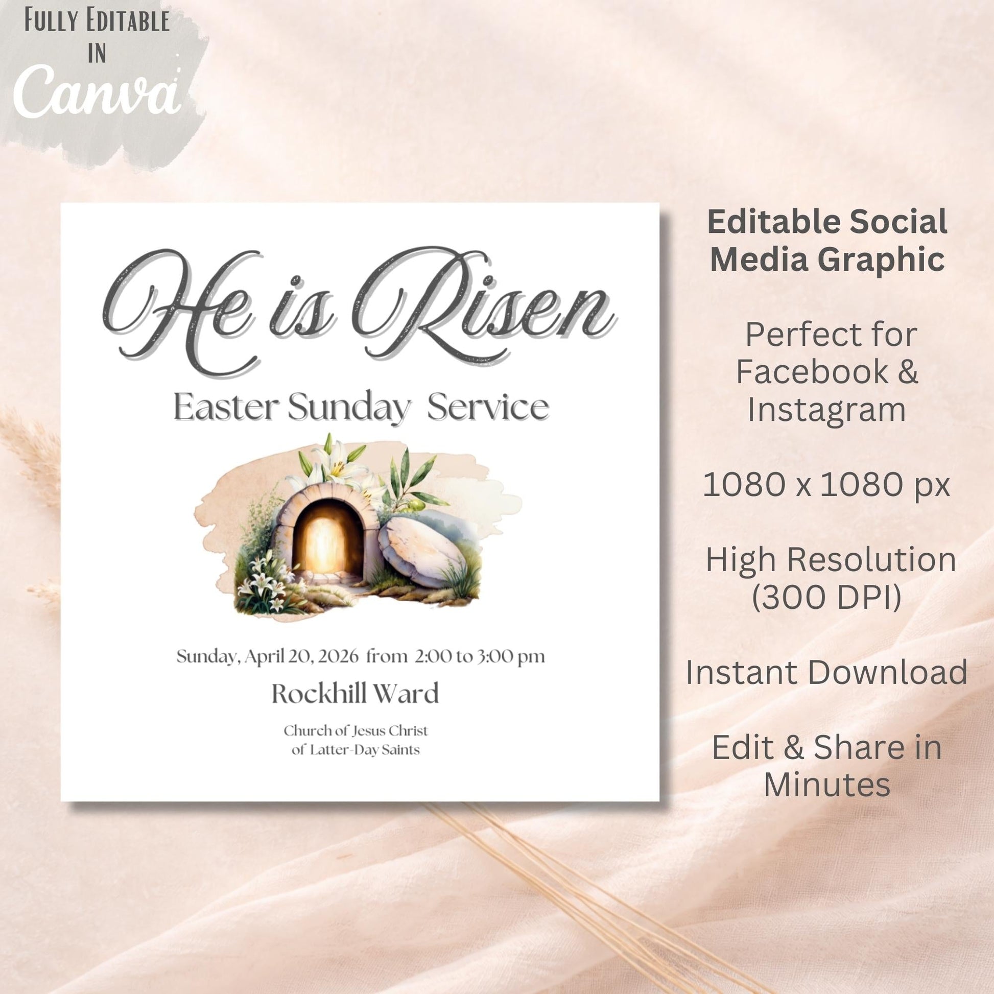 LDS Easter Social Media Post Template | He Is Risen | Editable Canva – Digital Printable by Digital Kim Designs