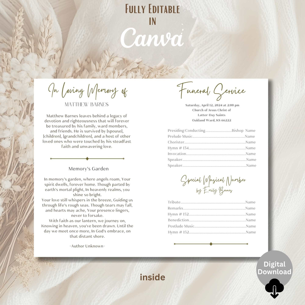 LDS Funeral Program Template – Editable Celebration of Life Canva ...