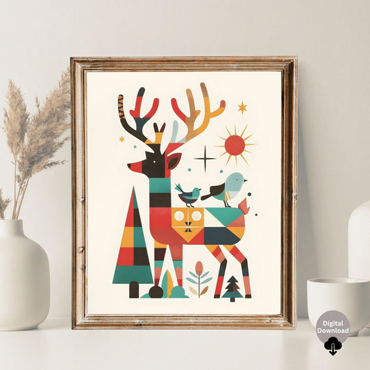 Mid - Century Modern Deer Wall Art | Retro Christmas Printable | Geometric Holiday Reindeer | Digital Download – Digital Printable by Digital Kim Designs