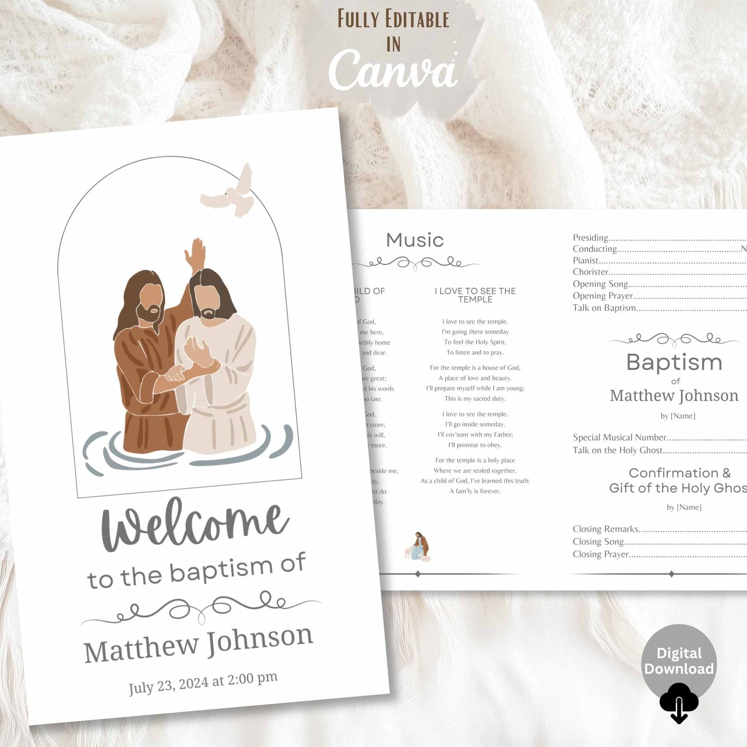 Neutral LDS baptism program – printable Canva template with foldable layout