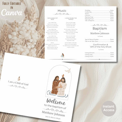 Front and back of minimalist LDS baptism program – Canva printable