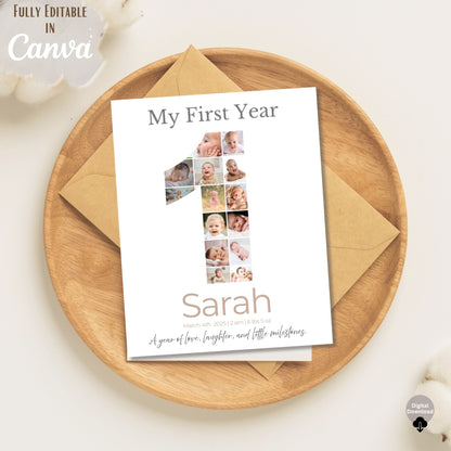 My First Year Photo Collage | Editable Baby Milestone Poster | Custom Name & Date Printable Gift | Canva Template – Digital Printable by Digital Kim Designs
