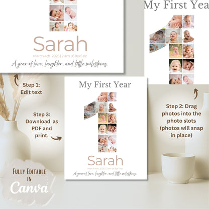 My First Year Photo Collage | Editable Baby Milestone Poster | Custom Name & Date Printable Gift | Canva Template – Digital Printable by Digital Kim Designs