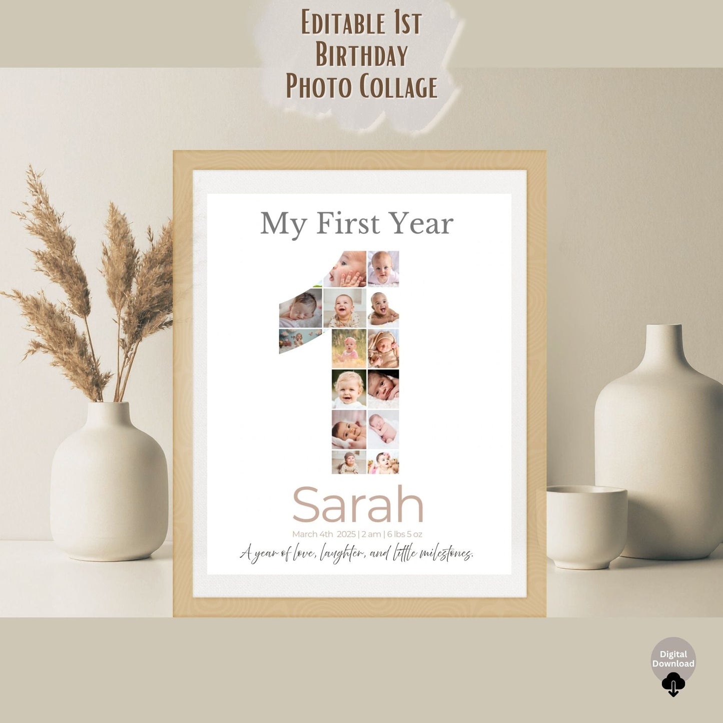 My First Year Photo Collage | Editable Baby Milestone Poster | Custom Name & Date Printable Gift | Canva Template – Digital Printable by Digital Kim Designs