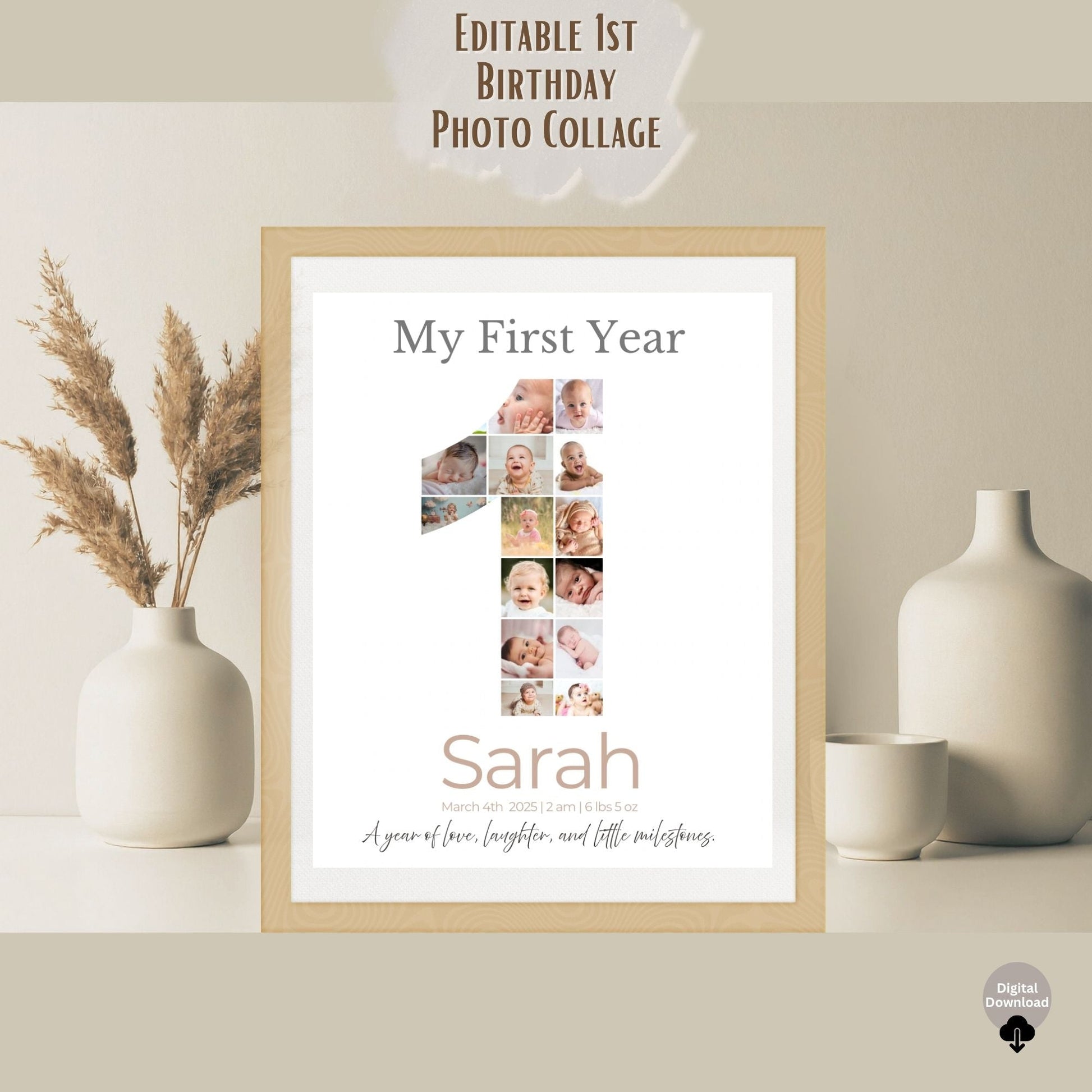 My First Year Photo Collage | Editable Baby Milestone Poster | Custom Name & Date Printable Gift | Canva Template – Digital Printable by Digital Kim Designs