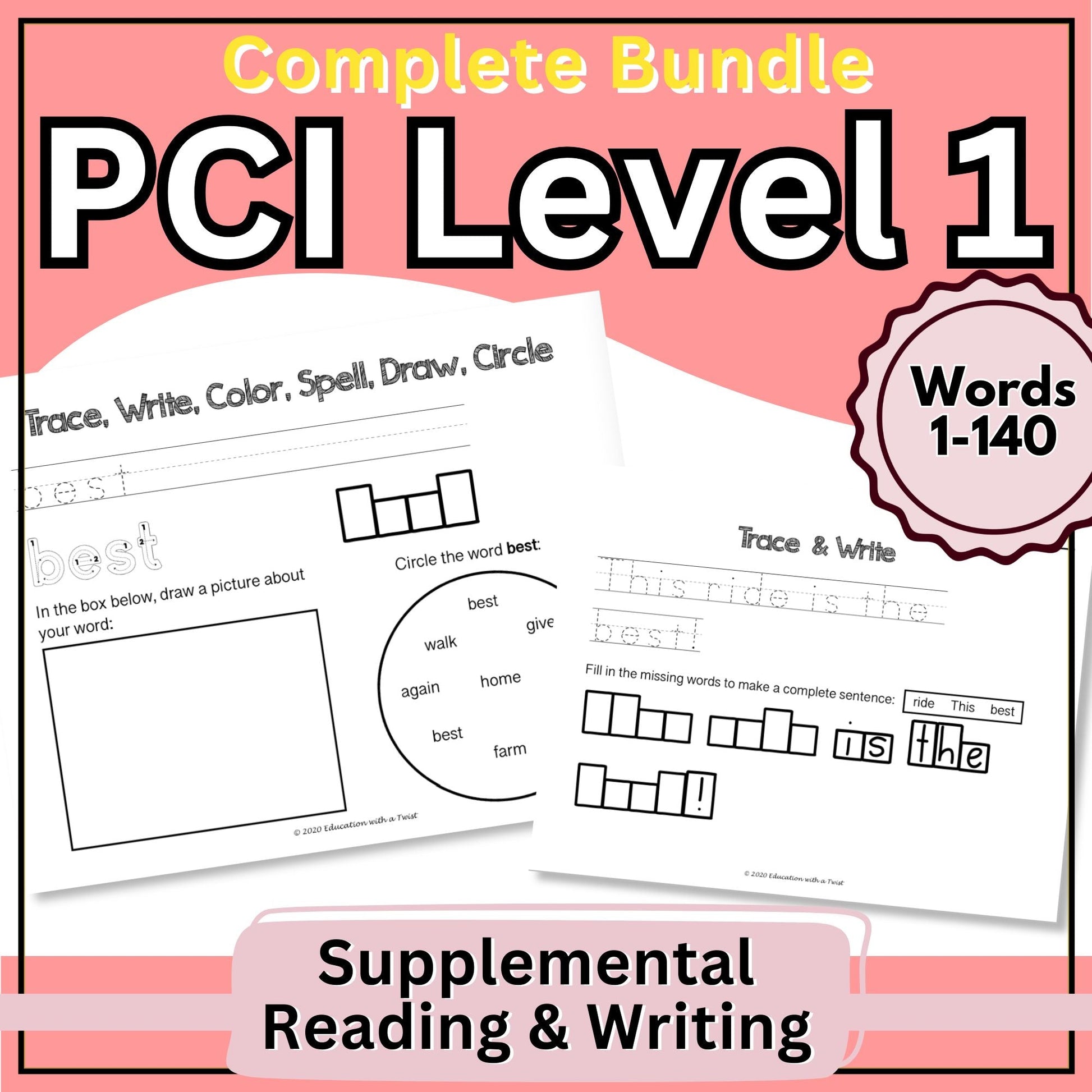 PCI Reading Level 1 Reading & Writing Worksheets Bundle | Sight Words 1–140 – Digital Printable by Digital Kim Designs
