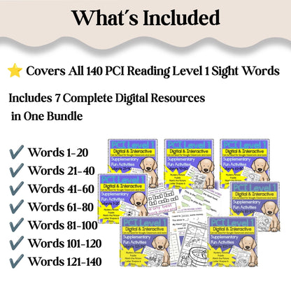 PCI Reading Supplementary Level 1 Bundle | Digital Sight Words | Words 1–140 – Digital Printable by Digital Kim Designs