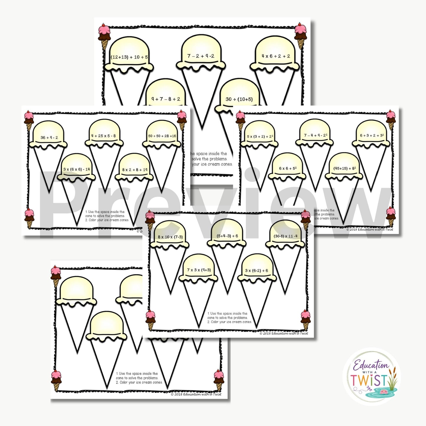 5th Grade Order of Operations PEMDAS Worksheets & Posters | Ice Cream Math