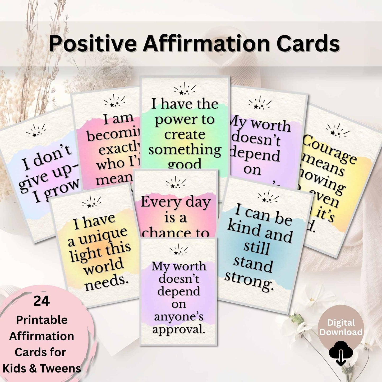 Positive Affirmation Cards for Kids & Tweens – 24 Printable Quotes for Confidence & Self - Worth – Faith - Based Printable by Digital Kim Designs