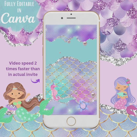 Animated Mermaid Birthday Invitation – Editable Canva Template – Phone Evite (Digital Download)