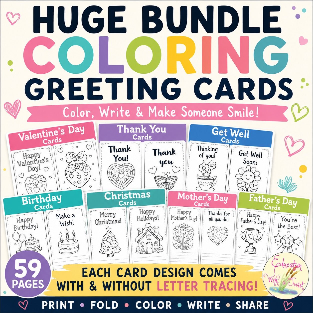 Printable Coloring Greeting Cards Bundle | Holiday & Special Occasion Cards | Letter Tracing | 59 Pages – Digital Printable by Digital Kim Designs