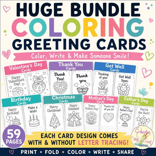Printable Coloring Greeting Cards Bundle | Holiday & Special Occasion Cards | Letter Tracing | 59 Pages – Digital Printable by Digital Kim Designs