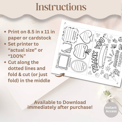 Printable Teacher Thank You Card – 8.5x11 Coloring Craft for Kids, Foldable PDF Appreciation Card, Instant Digital Download – Faith - Based Printable by Digital Kim Designs