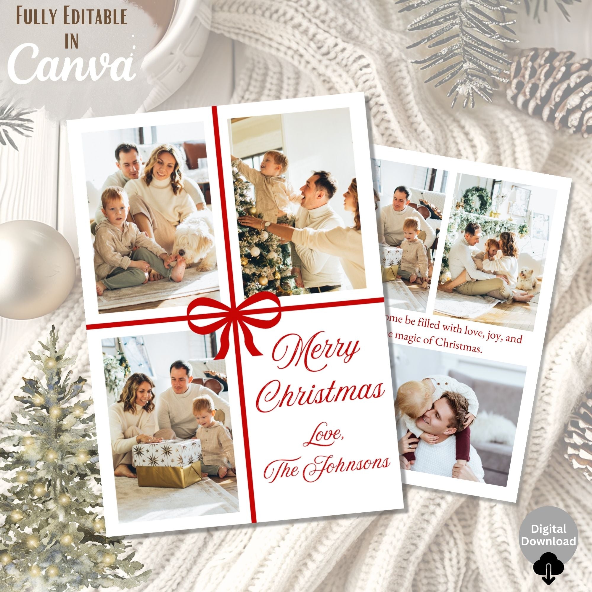 Red Ribbon Boho Christmas Photo Card – Editable Canva Template ...