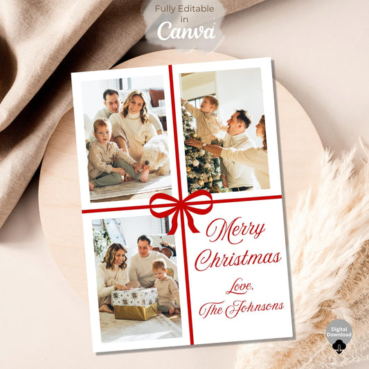 Red Ribbon Boho Christmas Photo Card – Editable Canva Template (Digital Download) – Digital Printable by Digital Kim Designs