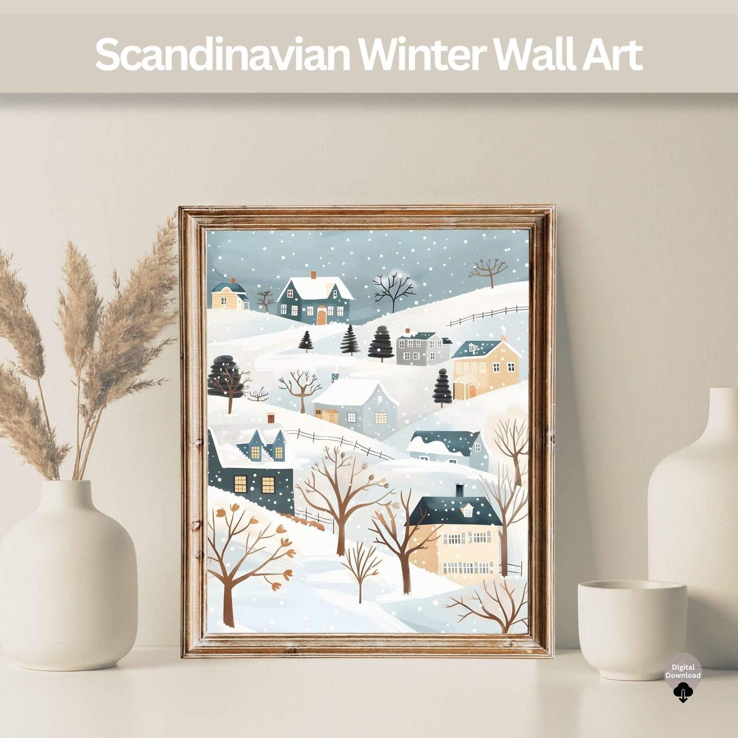 Scandinavian Winter Wall Art | Snowy Village Print | Cozy Nordic Christmas Decor – Digital Printable by Digital Kim Designs