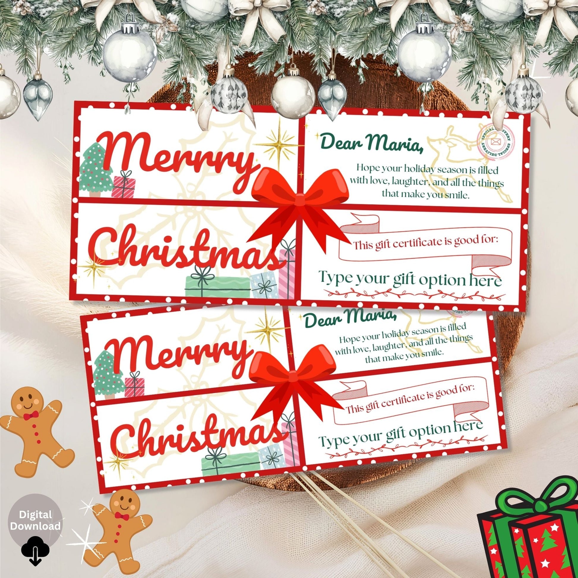 Shopify Product Title Editable Christmas Gift Certificate – Printable Holiday Voucher Template (Digital Download)) – Digital Printable by Digital Kim Designs