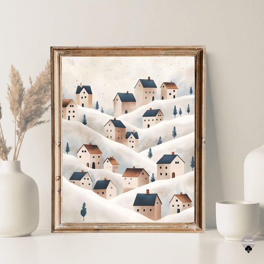Simple Winter Wall Art | Scandinavian Snowy Village Print | Cozy Nordic Home Decor (Digital Download) – Digital Printable by Digital Kim Designs