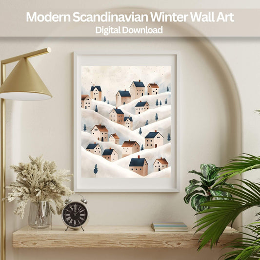 Simple Winter Wall Art | Scandinavian Snowy Village Print | Cozy Nordic Home Decor (Digital Download) – Digital Printable by Digital Kim Designs