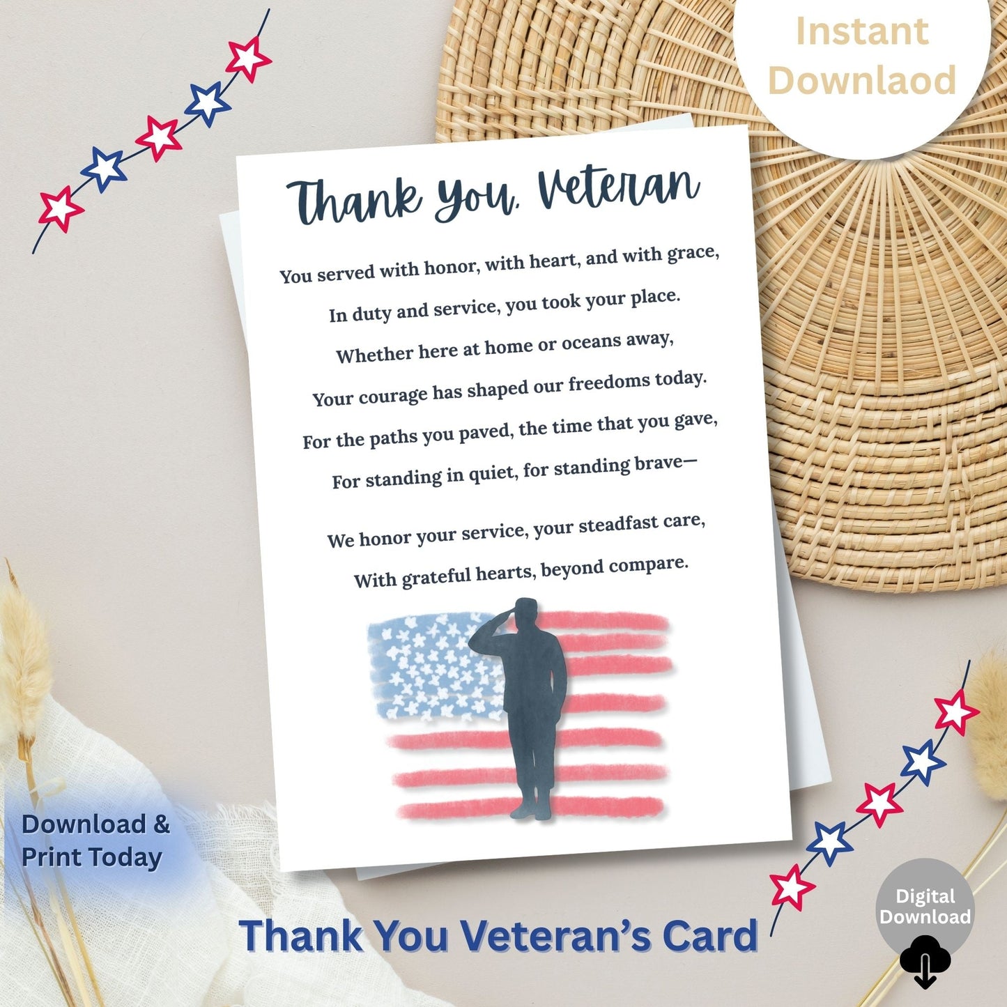 Thank You Veteran Printable Card – 5×7 Patriotic Poem for Military & Veterans Day | Instant Digital Download – Faith - Based Printable by Digital Kim Designs