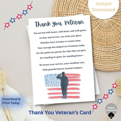Thank You Veteran Printable Card – 5×7 Patriotic Poem for Military & Veterans Day | Instant Digital Download – Faith - Based Printable by Digital Kim Designs
