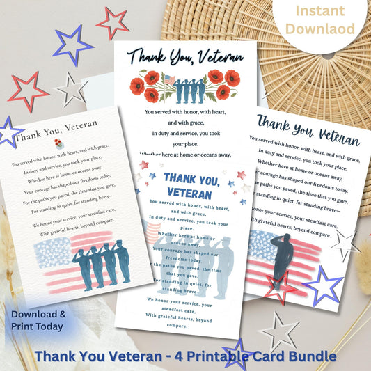 Veterans Thank You Card Bundle – Printable Patriotic Cards with Poem (4 Designs, Instant Download) – Faith - Based Printable by Digital Kim Designs