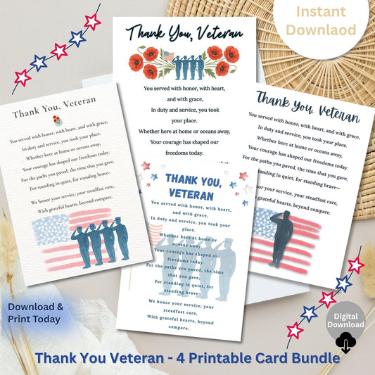 Veterans Thank You Card Bundle – Printable Patriotic Cards with Poem (4 Designs, Instant Download) – Faith - Based Printable by Digital Kim Designs