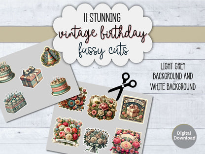 Vintage Birthday Clipart & Fussy Cuts | 11 Printable Junk Journal Images – Digital Printable by Digital Kim Designs