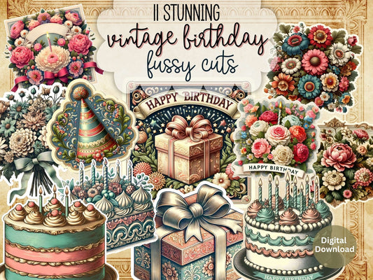 Vintage Birthday Clipart & Fussy Cuts | 11 Printable Junk Journal Images – Digital Printable by Digital Kim Designs