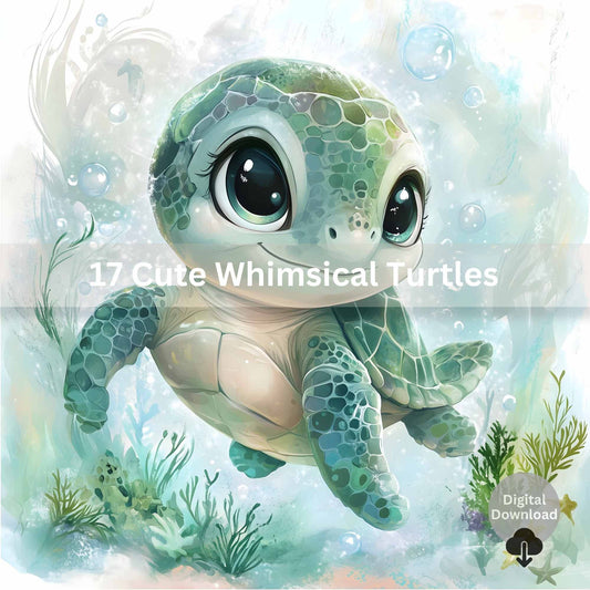 Watercolor Sea Turtle Clipart Set – 17 Cute Whimsical JPEGs for Sublimation & Crafts – Faith - Based Printable by Digital Kim Designs